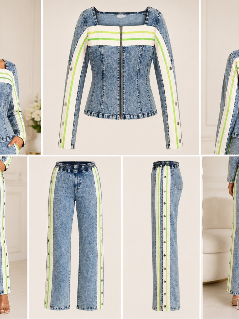 Denim Zip Front Jacket & Stripe Side Jeans Set in Light Blue & Neon Green